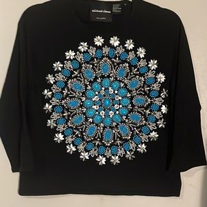Vintage Michael Simon Womens Beaded Turquoise Sweater Size Med Silk Blend Black